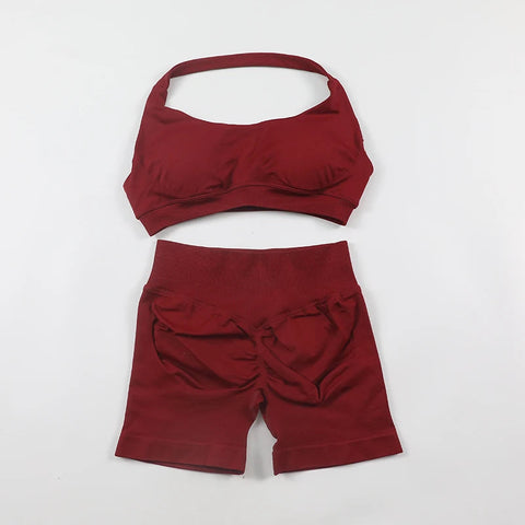 Seamless Fitness Yoga Set Women Gym Clothes Halter Sports Bra Matching Impact Shorts 2 Piece Workout Sets Outfit Zen fit plus