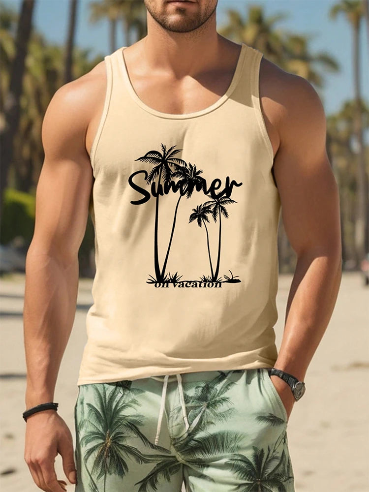 2024 New Summer Casual Men's Sleeveless T-shirt Hawaiian Style Men's Fashion Crew Neck Tank Top Outdoor Beach Men's Tank Top Zen fit plus