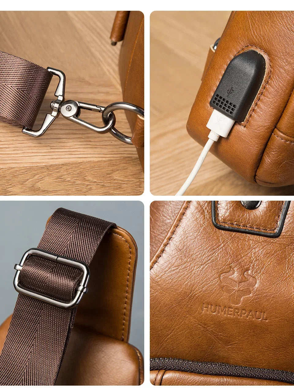 HUMERPAUL Men's Usb Chest Bag 100% Genuine Leather Crossbody Shoulder Bags Multifunction Travel Outdoor Messenger Pack Fashion - Zen Fit Plus