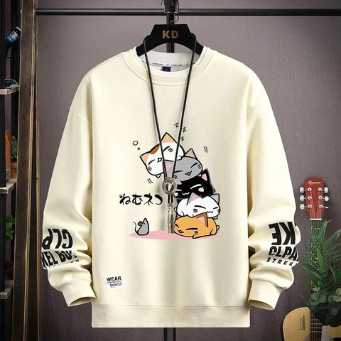Spring Men's Sweatshirt Japan Cartoon Cats Printed Long Sleeve T-shirt Fashion Men's Clothing Khaki O Neck Harajuku Top 2024 New Zen Fit Plus
