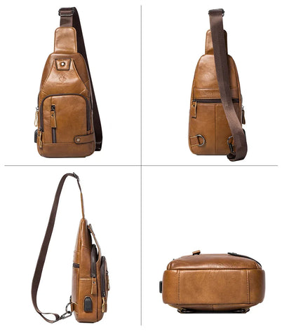HUMERPAUL Men's Usb Chest Bag 100% Genuine Leather Crossbody Shoulder Bags Multifunction Travel Outdoor Messenger Pack Fashion - Zen Fit Plus