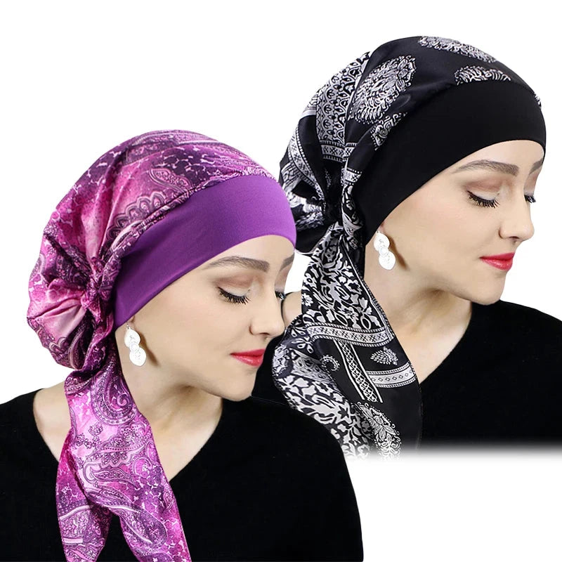 Printed Pre-tie Headscarf Women Elastic Muslim Female Turban Cancer Chemo Hat Hair Loss Cover Head Wrap Headwear Stretch Bandana Zen Fit Plus