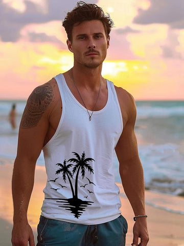 2024 New Summer Casual Men's Sleeveless T-shirt Hawaiian Style Men's Fashion Crew Neck Tank Top Outdoor Beach Men's Tank Top Zen fit plus