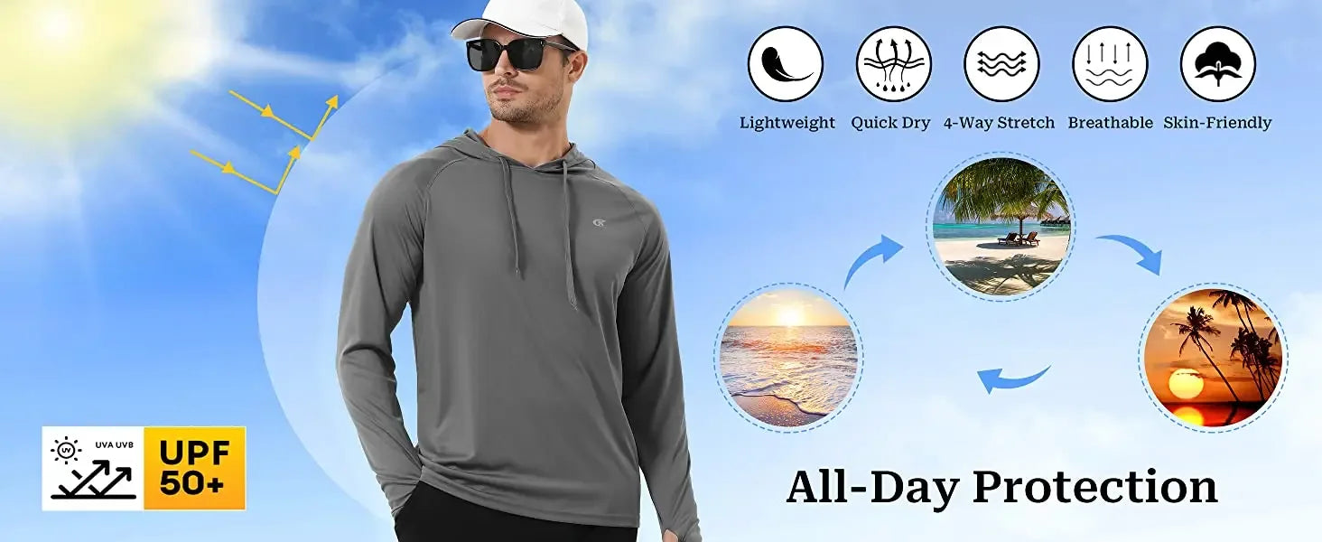 Summer Men's Long Sleeve UPF 50+ Hoodie Shirts, Rash Guard Quick Dry Lightweight T-shirt for Outdoor Jogger Sport Pullover - Zen Fit Plus