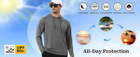 Summer Men's Long Sleeve UPF 50+ Hoodie Shirts, Rash Guard Quick Dry Lightweight T-shirt for Outdoor Jogger Sport Pullover - Zen Fit Plus