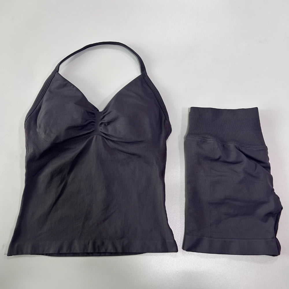 2Pcs Impact Gym Set Women Backless Tank Tops High Waist Scrunch Seamless Shorts Gym Suit Fitness Clothes Activewear Workout Sets Zen fit plus