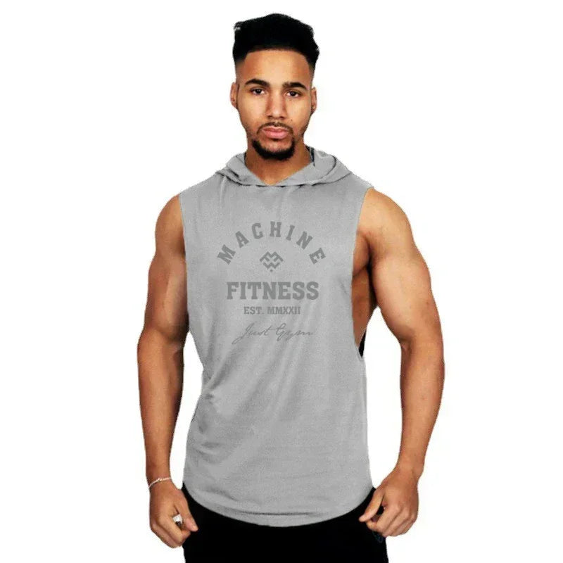 MACHINE FITNESS Mens Gym Hooded Tank Top Cotton Bodybuilding Clothing Summer Muscle Fit Sleeveless Hoodies Shirt Sports Singlets Zen fit plus