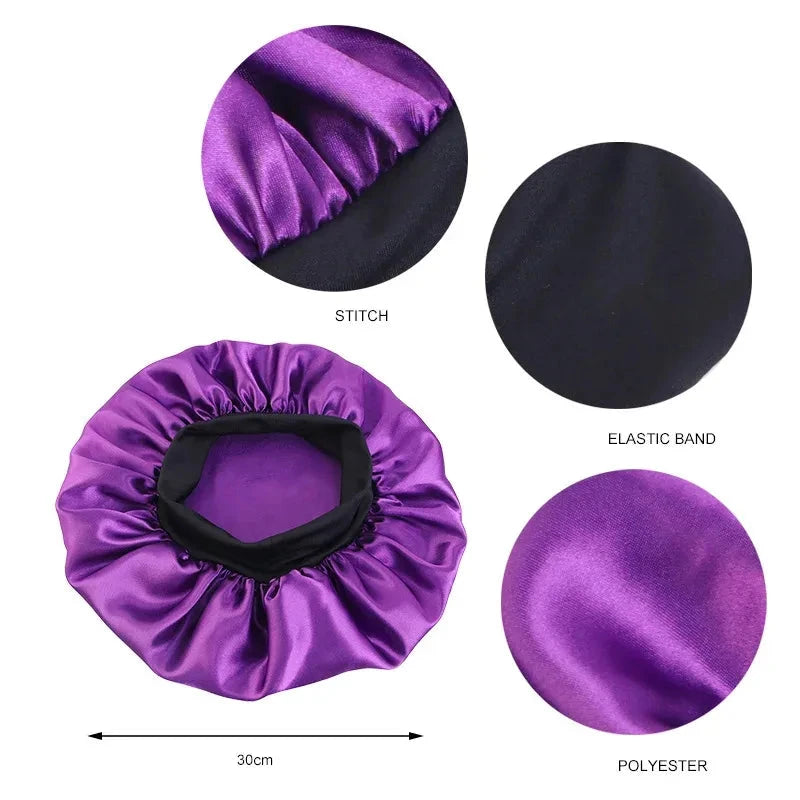 Women's Satin Solid Bonnets Wide-brimmed Night Sleeping Bathing Hat Unisex Head Wrap Elastic Band Cap Hair Care Bonnet Zen Fit Plus