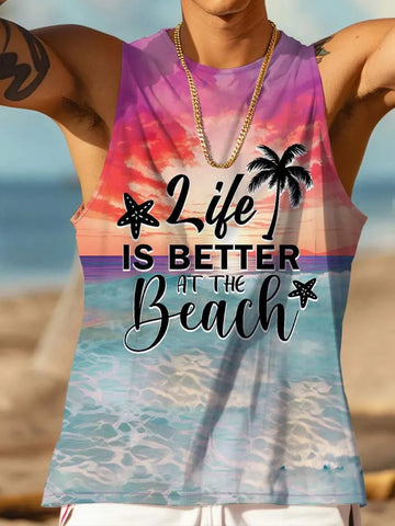 2024 New Summer Casual Men's Sleeveless T-shirt Hawaiian Style Men's Fashion Crew Neck Tank Top Outdoor Beach Men's Tank Top Zen fit plus