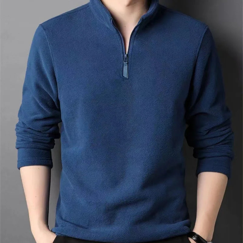 Autumn Winter New Warm Polo Sweatshirts Lamb Wool Sweatshirt Standing Neck Half Zip Long Sleeve Fashion Versatile Men Tees Tops Zen Fit Plus