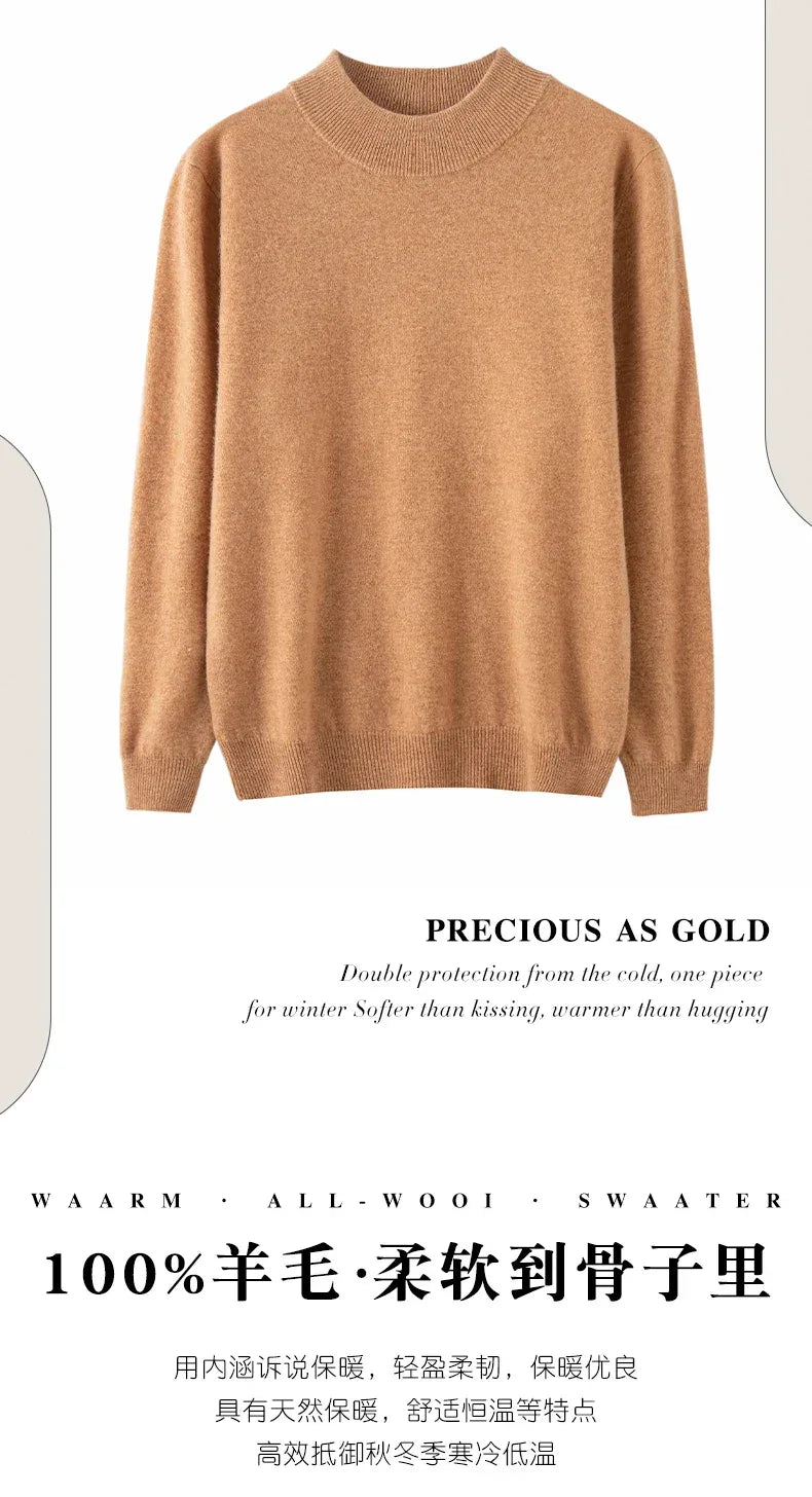 New Fashion Men's 100% Wool Pullover Half-high Collar Sweater Autumn Winter Warm Solid Color Knit Sweater Business Casual Top - Zen Fit Plus