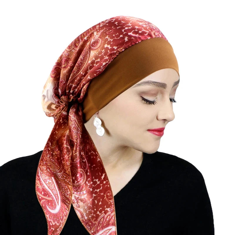 Printed Pre-tie Headscarf Women Elastic Muslim Female Turban Cancer Chemo Hat Hair Loss Cover Head Wrap Headwear Stretch Bandana Zen Fit Plus
