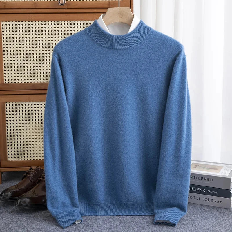 New Fashion Men's 100% Wool Pullover Half-high Collar Sweater Autumn Winter Warm Solid Color Knit Sweater Business Casual Top Zen Fit Plus