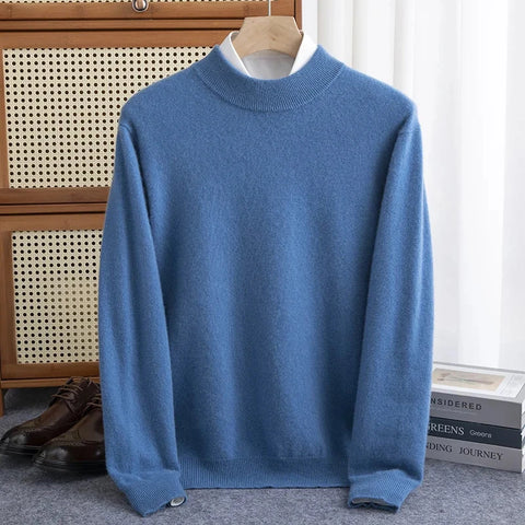New Fashion Men's 100% Wool Pullover Half-high Collar Sweater Autumn Winter Warm Solid Color Knit Sweater Business Casual Top Zen Fit Plus