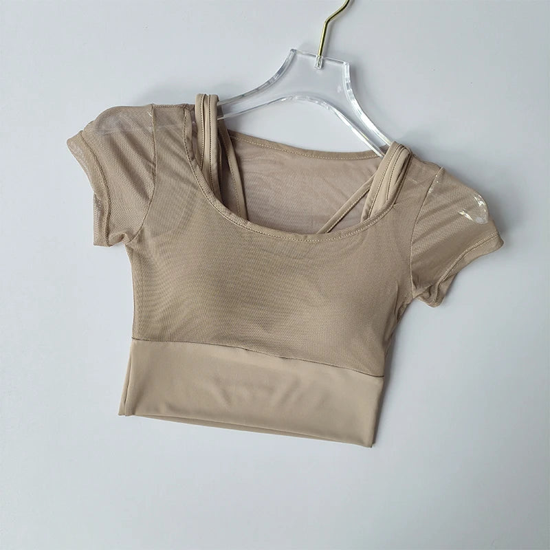 Women's Pilates Training Fitness Suit Chest Cushion Yoga Suit Top Quick Drying High-end Feeling Sports Short Sleeved Breathable Zen fit plus
