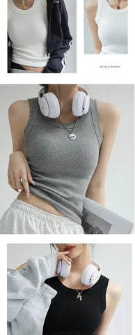 New Women Solid Round Neck Ribbed Tank Top Camisole Women Summer Basic Elastic TankTop One-piece Vest with Chest Pad Y2k - Zen Fit Plus