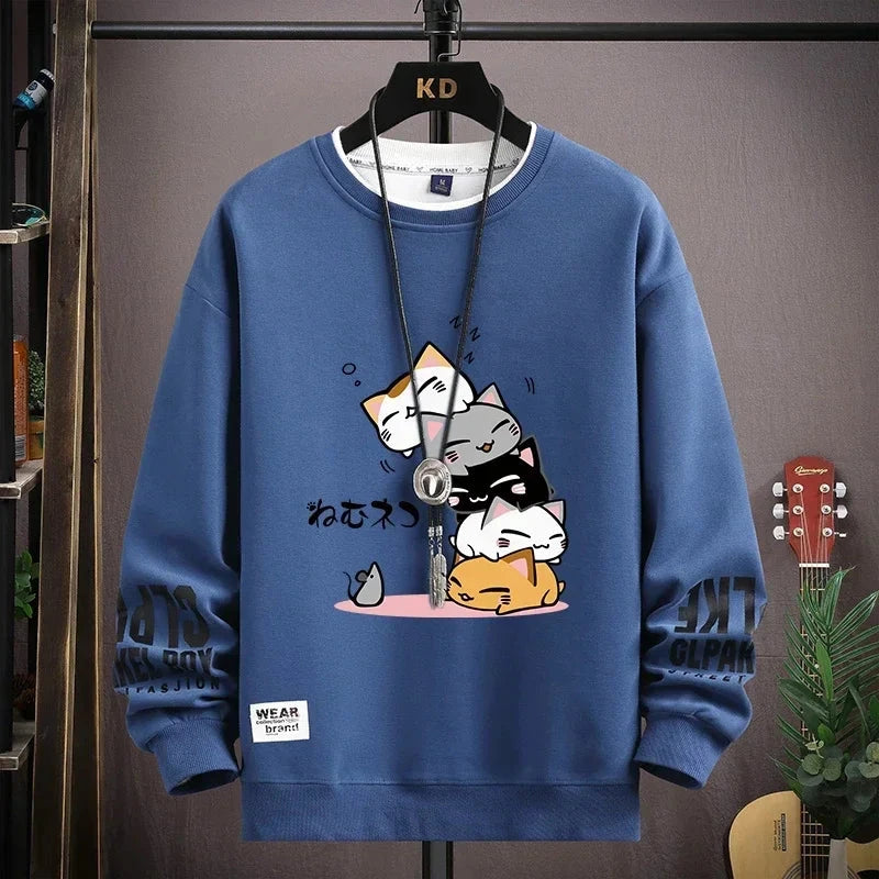 Spring Men's Sweatshirt Japan Cartoon Cats Printed Long Sleeve T-shirt Fashion Men's Clothing Khaki O Neck Harajuku Top 2024 New Zen Fit Plus
