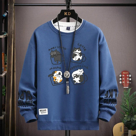 Spring Men's Sweatshirt Japan Cartoon Cats Printed Long Sleeve T-shirt Fashion Men's Clothing Khaki O Neck Harajuku Top 2024 New Zen Fit Plus