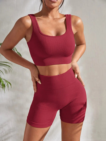 Seamless Ribbed Yoga Sets Workout Sets for Women 2 Pieces Gym Suits Ribbed Crop Tank High Waist Shorts Outfits Fitness Running Zen fit plus