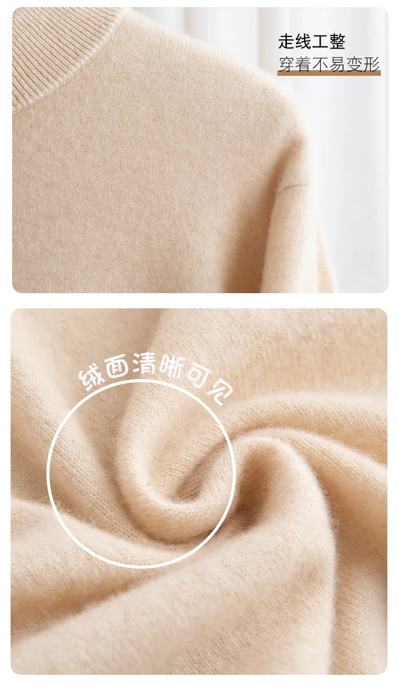 New Fashion Men's 100% Wool Pullover Half-high Collar Sweater Autumn Winter Warm Solid Color Knit Sweater Business Casual Top - Zen Fit Plus