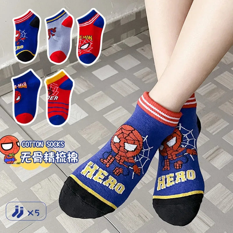5 Pairs Spiderman Children Socks Anime Kids Boys Short Sock Kawaii Child Cartoon Baby Summer Spring Boat Socks Kids Gift 1-12Y - Zen Fit Plus