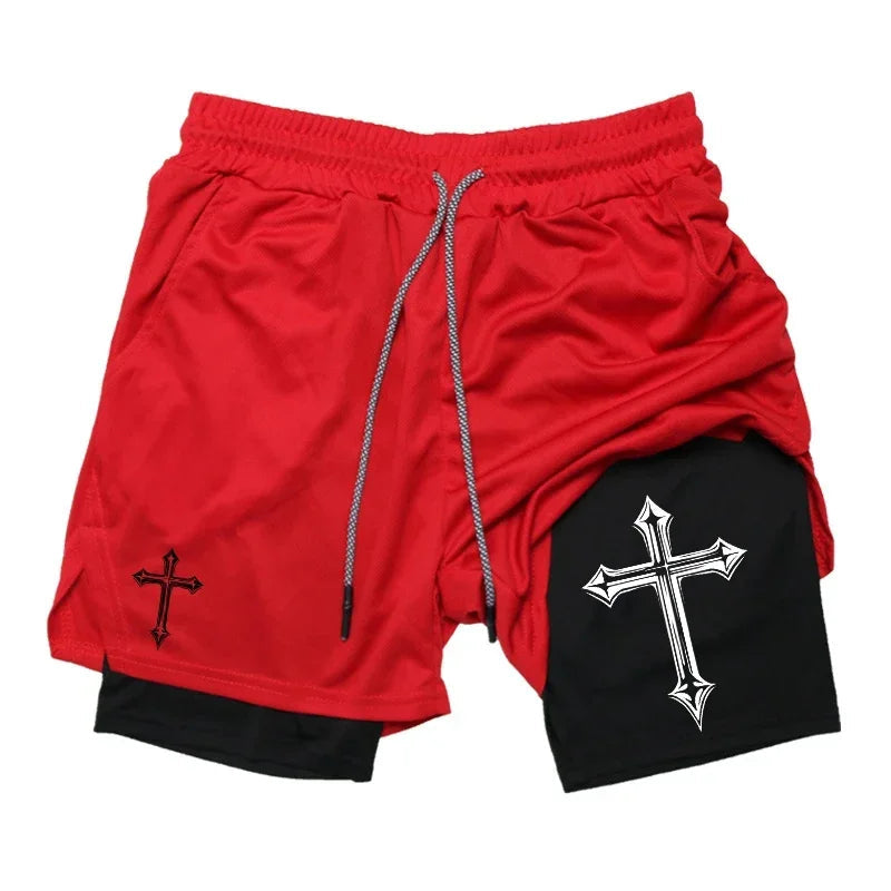 Cross Print 2 in 1 Workout Running Shorts for Men Christian Gym Athletic Shorts with Compression Liner Phone Pocket Towel Loop Zen fit plus