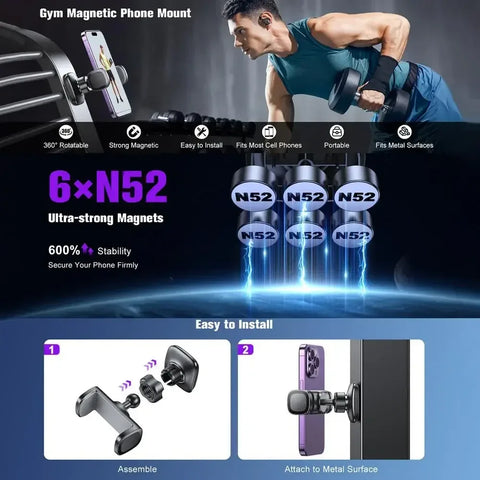 Gym Magnetic Phone Holder 360 Adjustable Stand For Cell Phone Compatible With 4-7" Smartphones Alloy Base And Joint - Zen Fit Plus