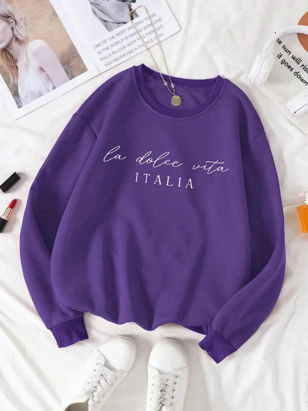 La Dolce Vita Italia Printed Womens Sweatshirt Crewneck Y2K Loose Clothing Multicolor Casual Pullover Fleece All-Match Top - Zen Fit Plus