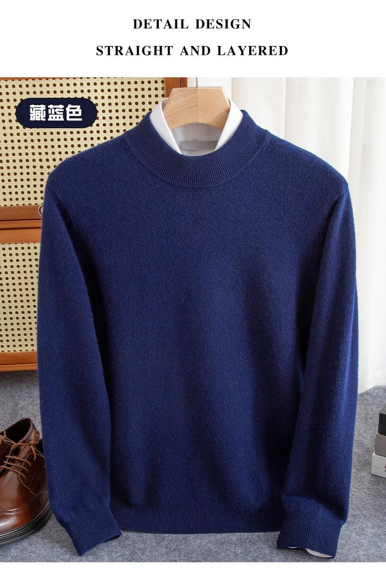 New Fashion Men's 100% Wool Pullover Half-high Collar Sweater Autumn Winter Warm Solid Color Knit Sweater Business Casual Top - Zen Fit Plus