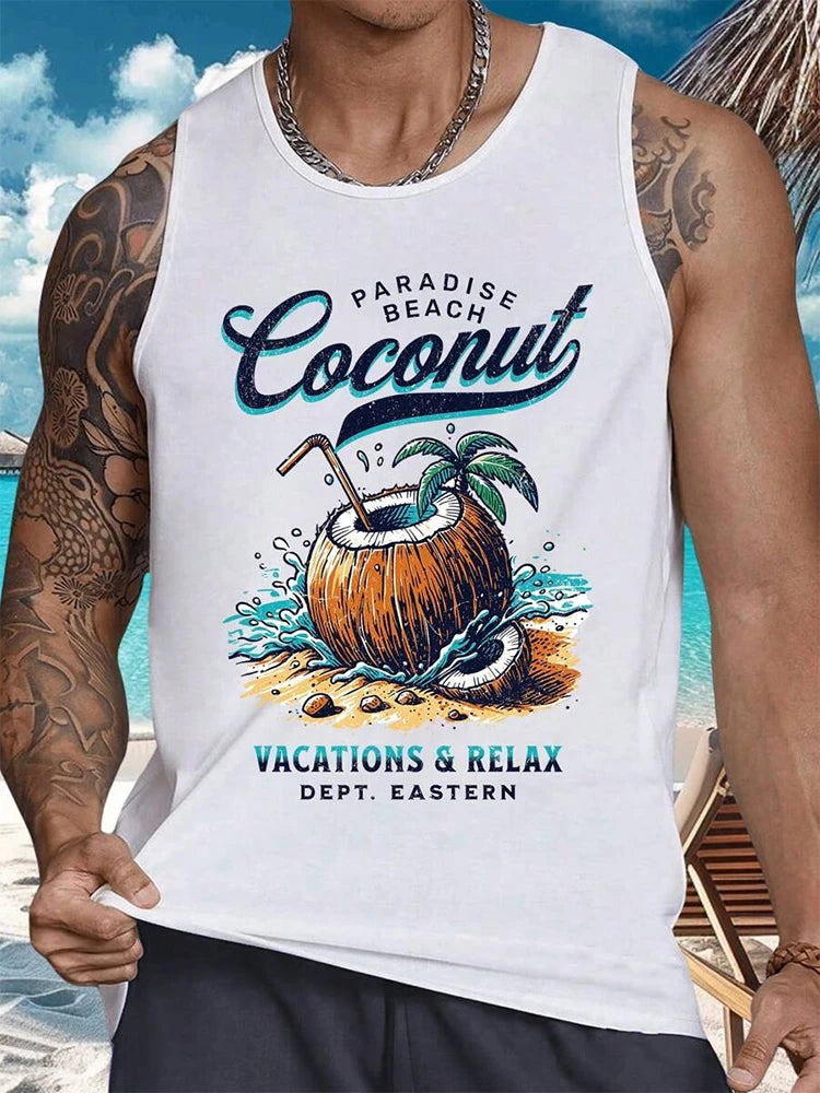 2024 New Summer Casual Men's Sleeveless T-shirt Hawaiian Style Men's Fashion Crew Neck Tank Top Outdoor Beach Men's Tank Top Zen fit plus