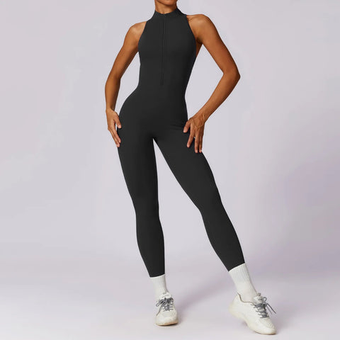 V Back One-piece Suit Women Sports Jumpsuit  Zippers Yoga Rompers Backless Sportswear Women Sleeveles Workout Bodysuits Female Zen fit plus