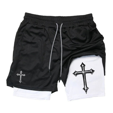 Cross Print 2 in 1 Workout Running Shorts for Men Christian Gym Athletic Shorts with Compression Liner Phone Pocket Towel Loop Zen fit plus