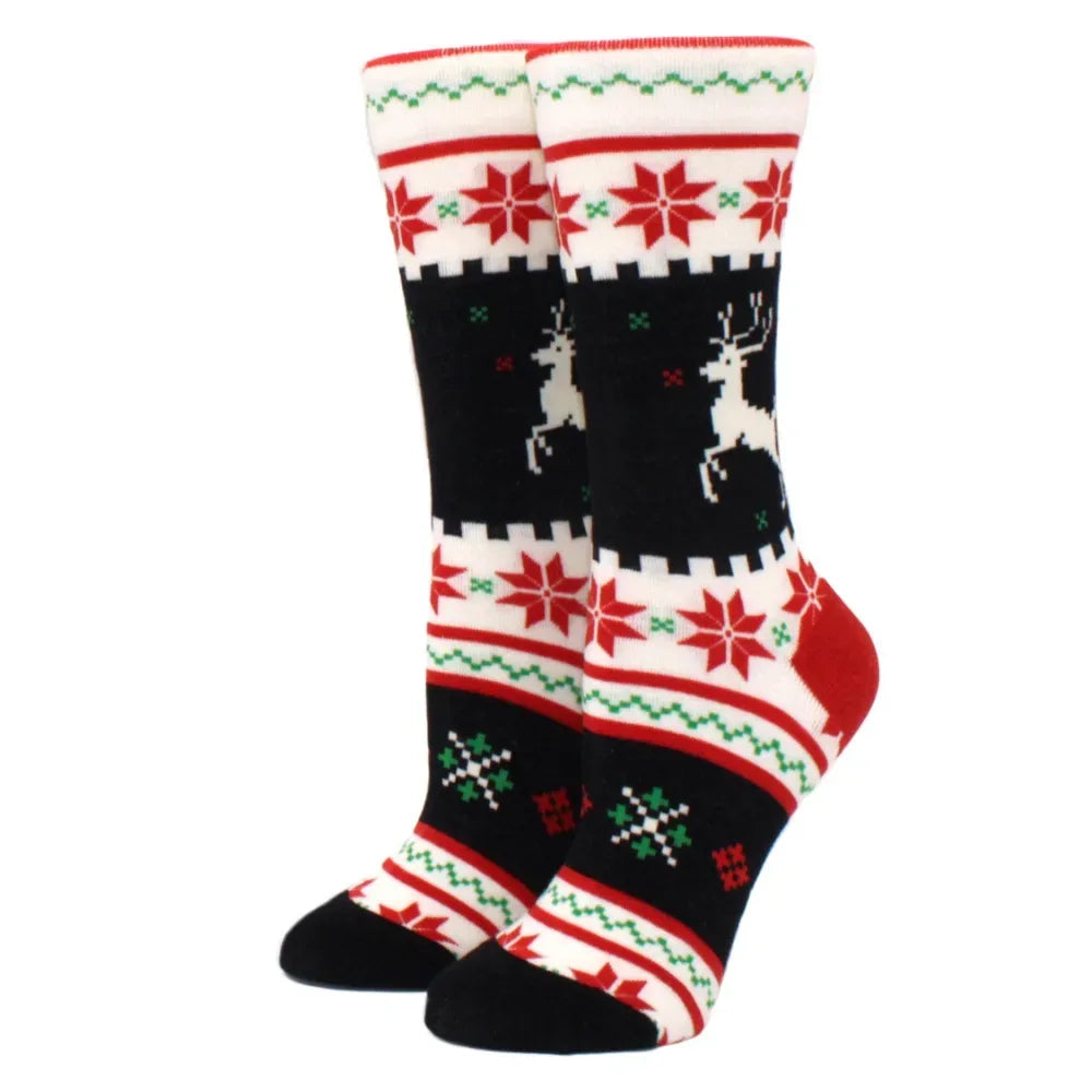 1 pair of Christmas tree, old man and reindeer fashion trend ladies Christmas medium cotton socks - Zen Fit Plus