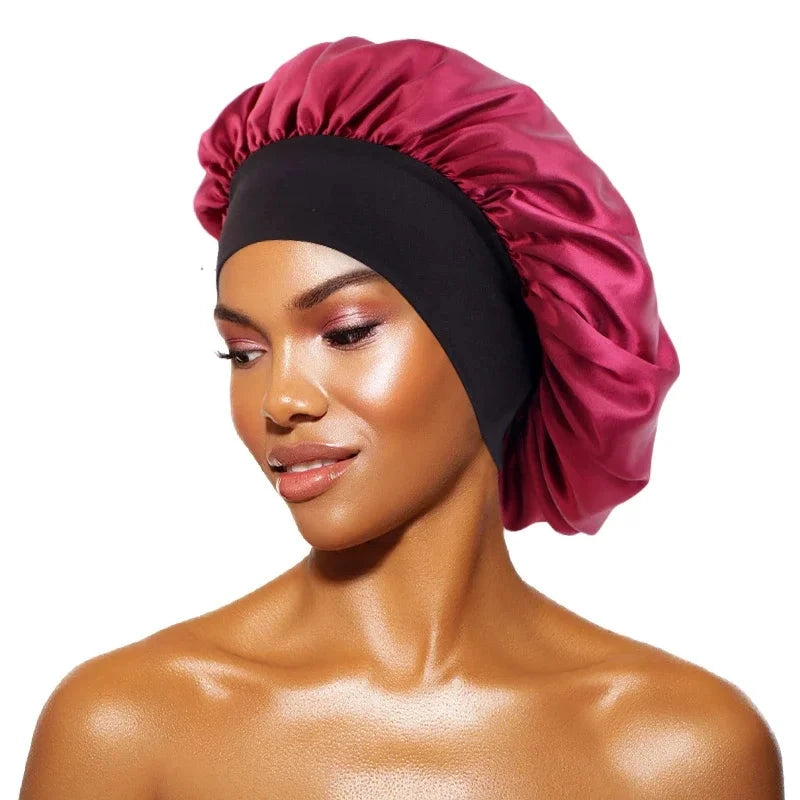 Women's Satin Solid Bonnets Wide-brimmed Night Sleeping Bathing Hat Unisex Head Wrap Elastic Band Cap Hair Care Bonnet Zen Fit Plus