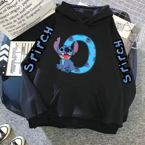 2024 Women's Winter Jacket Cute Kawaii Disney Lilo & Stitch Lucky Letter Print Black Hoodie Fashion Couple Streetwear Sportswear Zen fit plus