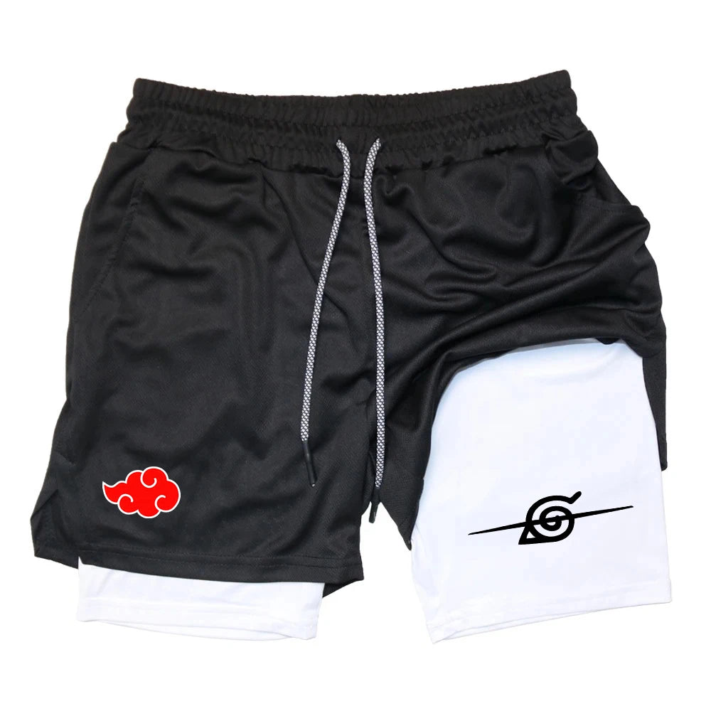 Men Anime Double Layer Shorts Gym Workout Printed Sports Multi-Performance Training Quick-Drying Jogging Pants Towel Pants M-3XL Zen fit plus