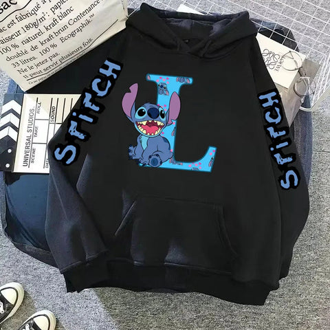 2024 Women's Winter Jacket Cute Kawaii Disney Lilo & Stitch Lucky Letter Print Black Hoodie Fashion Couple Streetwear Sportswear Zen fit plus