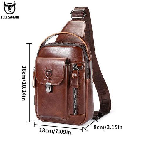 BULLCAPTAIN Men's Genuine Leather Chest Bag Casual Retro 7.9-inch Mobile Phone Bag Multifunctional Anti-Theft Crossbody Bag Zen fit plus