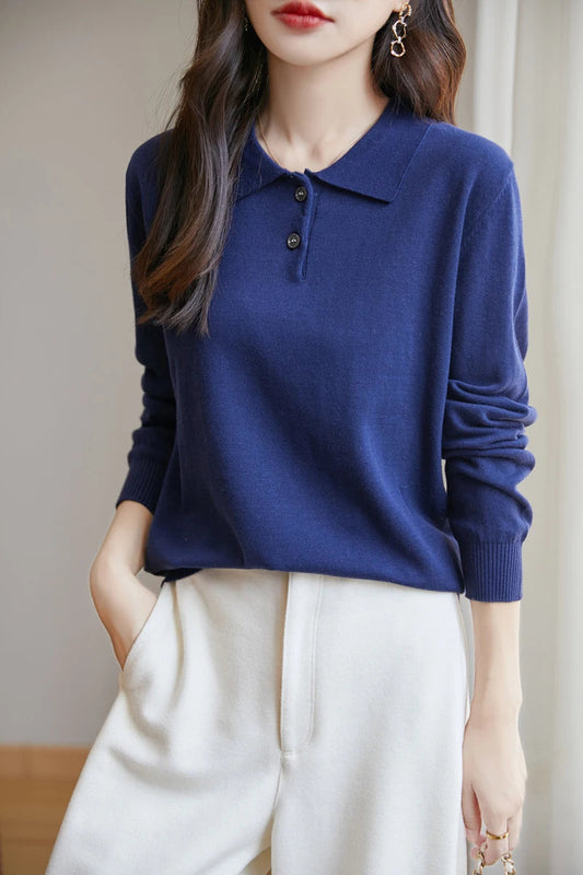 Women 100% Cotton Sweater Sweatshirts Polo Collar Pullover Casual Solid Color Knitwear Long Sleeve Spring Autumn Bottoming Clothing Tops Zen Fit Plus