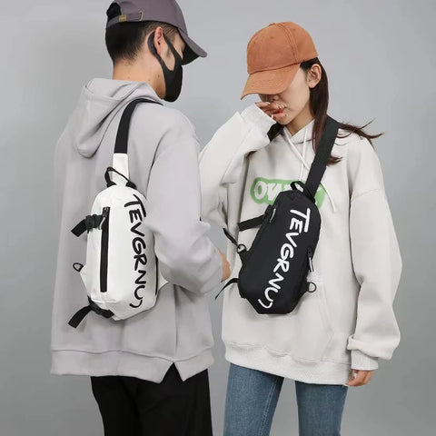 Men's Black Chest Bag Waterproof Nylon Letter Print Women White Crossbody Shoulder Bag Sports Couple Hiking Small Backpack Packs Zen fit plus