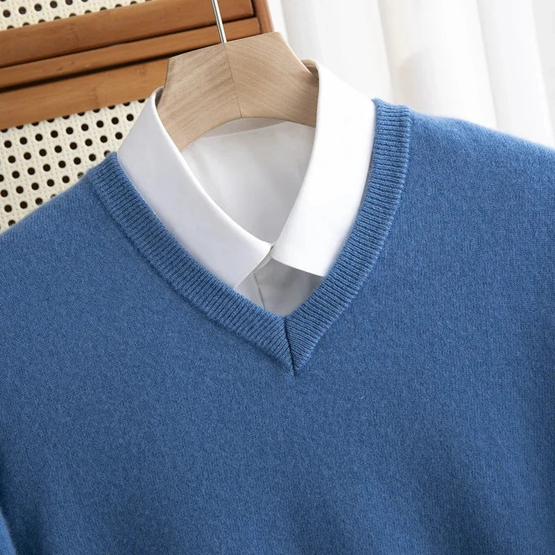 Men 100% Merino Wool Sweater V-Neck Pullover Autumn Winter Cashmere Warm Solid Knitwear Clothes Business Bottoming Soft Tops Zen Fit Plus