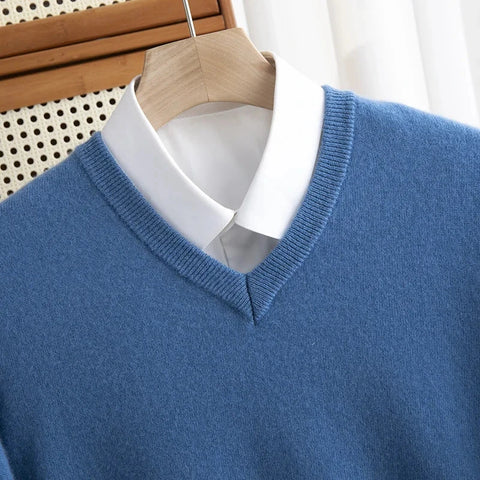 Men 100% Merino Wool Sweater V-Neck Pullover Autumn Winter Cashmere Warm Solid Knitwear Clothes Business Bottoming Soft Tops Zen Fit Plus