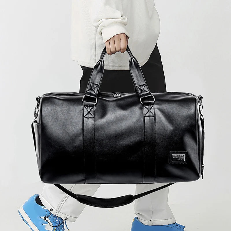 Large Sports Fitness Bag with Shoes Pocket for Men, Black Soft Leather, Big Gym Handbag, Outdoor Sports Luggage Pack, Tote Bags Zen fit plus