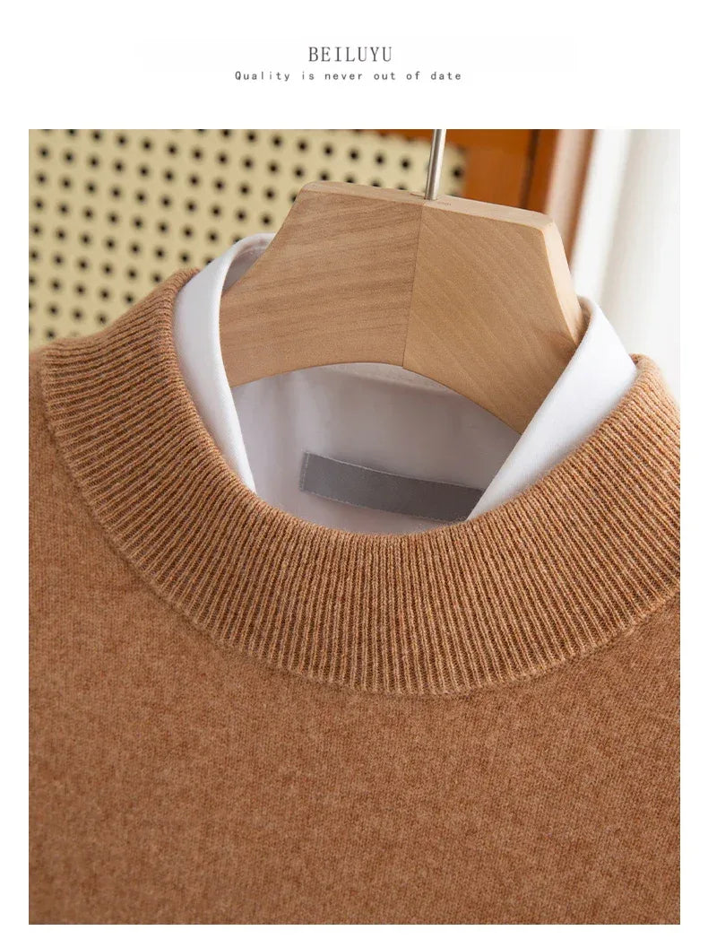 New Fashion Men's 100% Wool Pullover Half-high Collar Sweater Autumn Winter Warm Solid Color Knit Sweater Business Casual Top - Zen Fit Plus