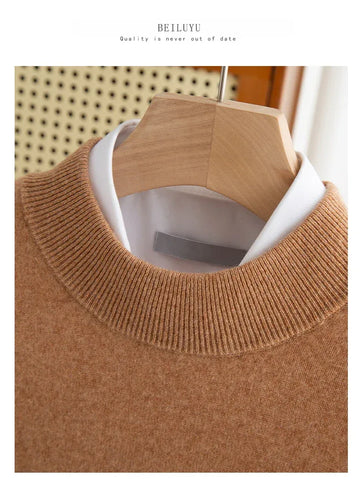 New Fashion Men's 100% Wool Pullover Half-high Collar Sweater Autumn Winter Warm Solid Color Knit Sweater Business Casual Top - Zen Fit Plus