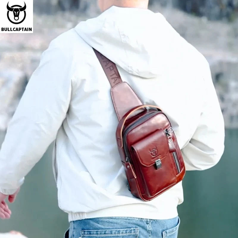 BULLCAPTAIN Men's Genuine Leather Chest Bag Casual Retro 7.9-inch Mobile Phone Bag Multifunctional Anti-Theft Crossbody Bag Zen fit plus
