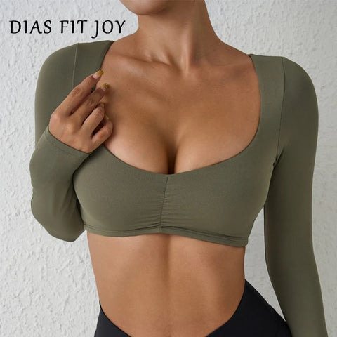 DIAS FIT JOY Nylon Gym Top Yoga long sleeved T-shirt tight pleated sports top women's waist tight yoga top Zen fit plus