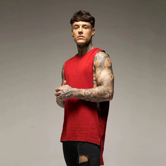 Mens Casual Gym Tank Top Summer Fitness Clothing Cotton Workout Sports Sleeveless Shirt Male Extend Long Singlet Hip Hop Vest Zen fit plus