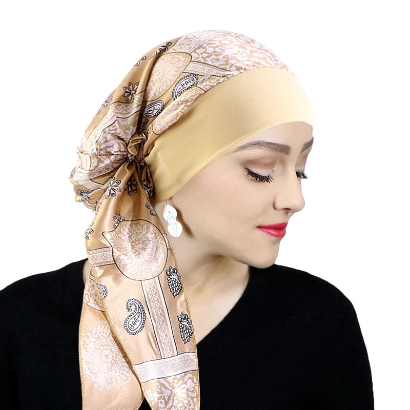 Printed Pre-tie Headscarf Women Elastic Muslim Female Turban Cancer Chemo Hat Hair Loss Cover Head Wrap Headwear Stretch Bandana Zen Fit Plus
