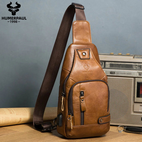 HUMERPAUL Men's Usb Chest Bag 100% Genuine Leather Crossbody Shoulder Bags Multifunction Travel Outdoor Messenger Pack Fashion Zen fit plus